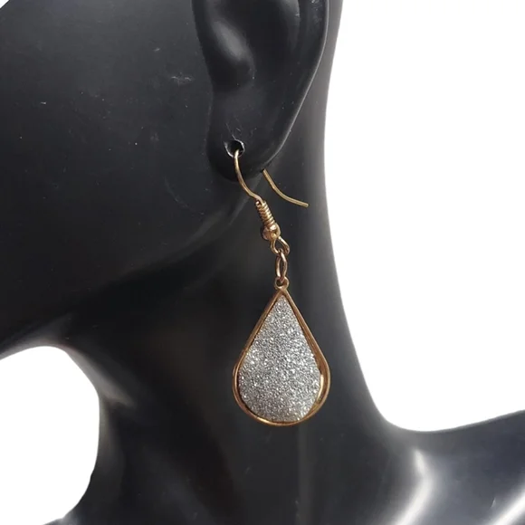 E739 Goldtone Teardrop with Silver Sparkle Glitter Accent Earrings - Picture 2 of 7